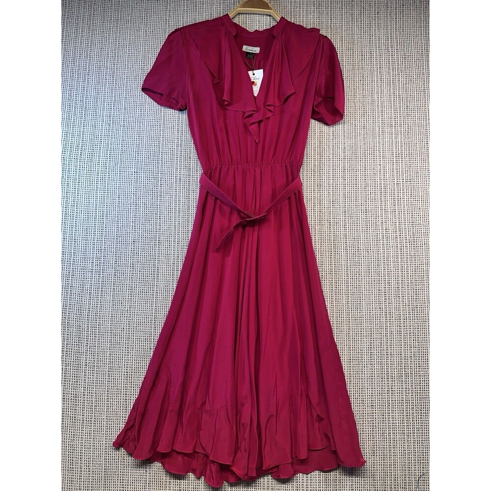 Nicole Miller for P.J. Walsh 100% Silk Fuchsia Ruffle Midi Dress Size 6